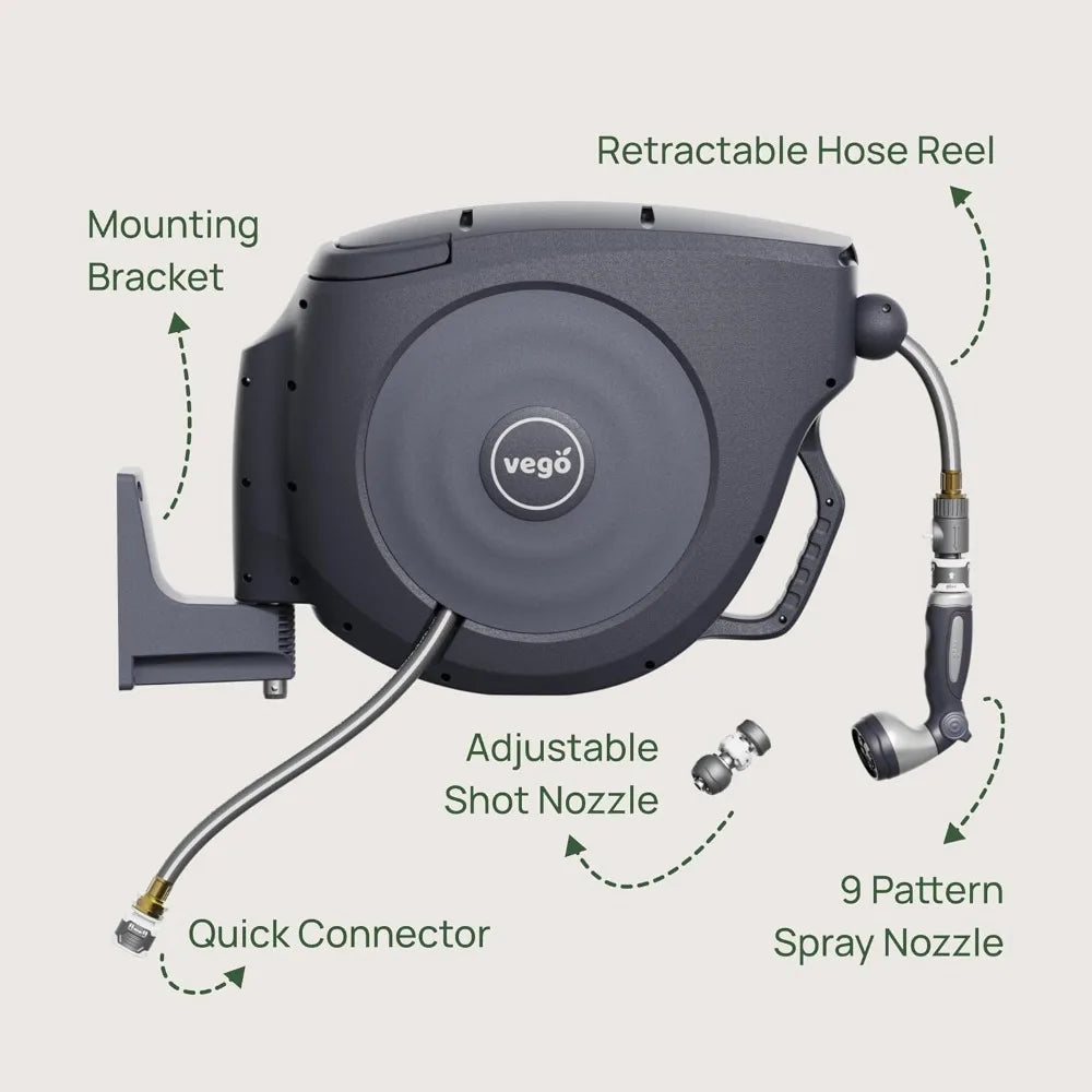 Retractable Hose Reel Wall Mount With Auto Rewind 9Pattern Nozzle