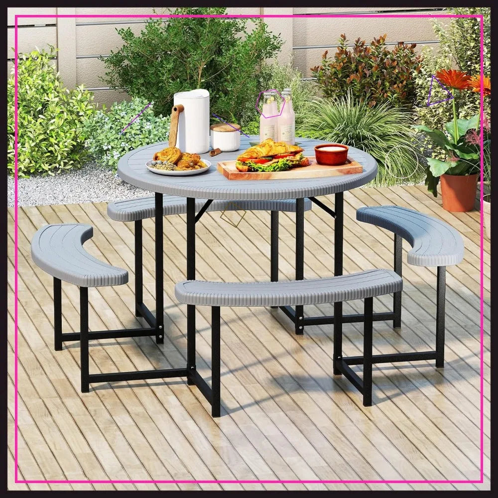 Outdoor 8-Person Round Picnic Table Set With Umbrella Hole