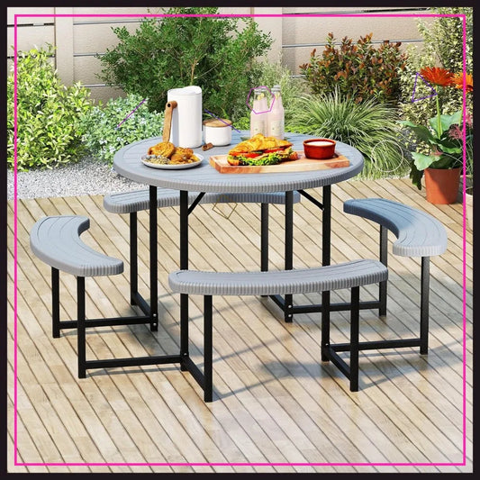 Outdoor 8-Person Round Picnic Table Set With Umbrella Hole