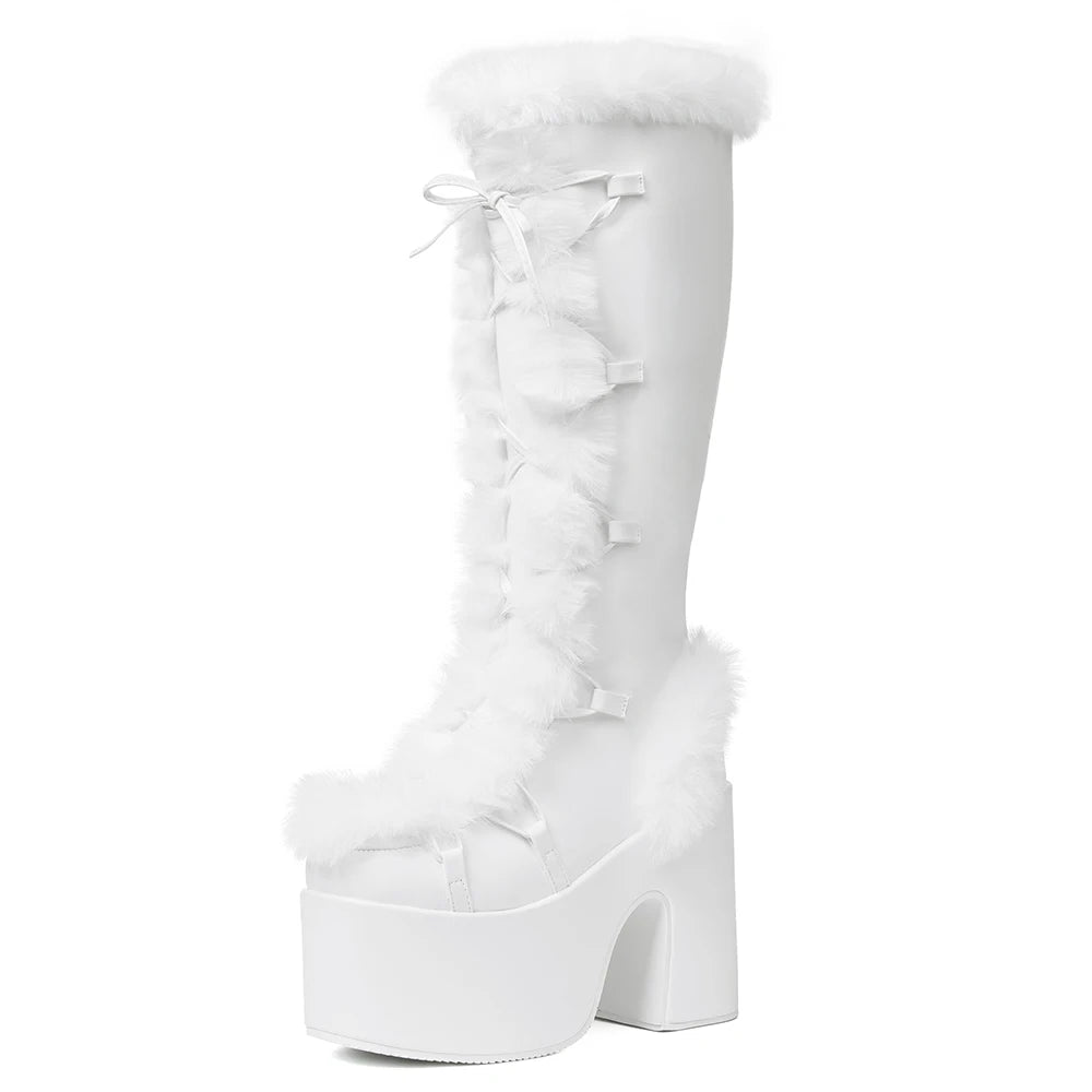 Women's Faux Fur Trim Platform Knee High Chunky Heel Boots