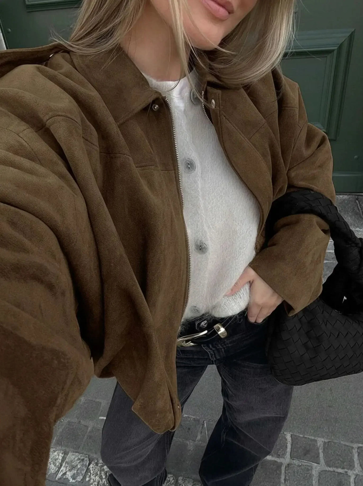 Womens Casual Suede Textured Pilot Jacket With Zipper