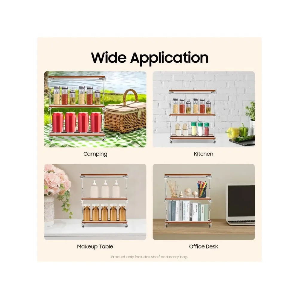 Bymaocar 3 Tier Folding Outdoor Storage Rack With Wood Shelves