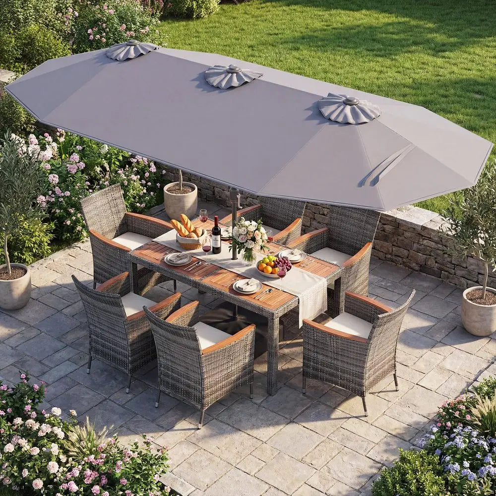 QWC 9 Piece Rattan Outdoor Dining Set With Cushioned Chairs Umbrella