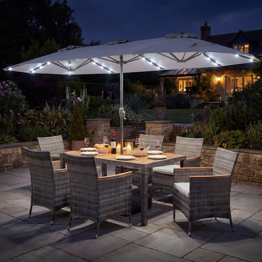 QWC 9 Piece Rattan Outdoor Dining Set With Cushioned Chairs Umbrella