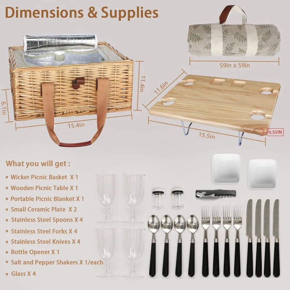 NBVCX Wicker Picnic Basket Set For Four With Folding Wine Table Insulated Cooler