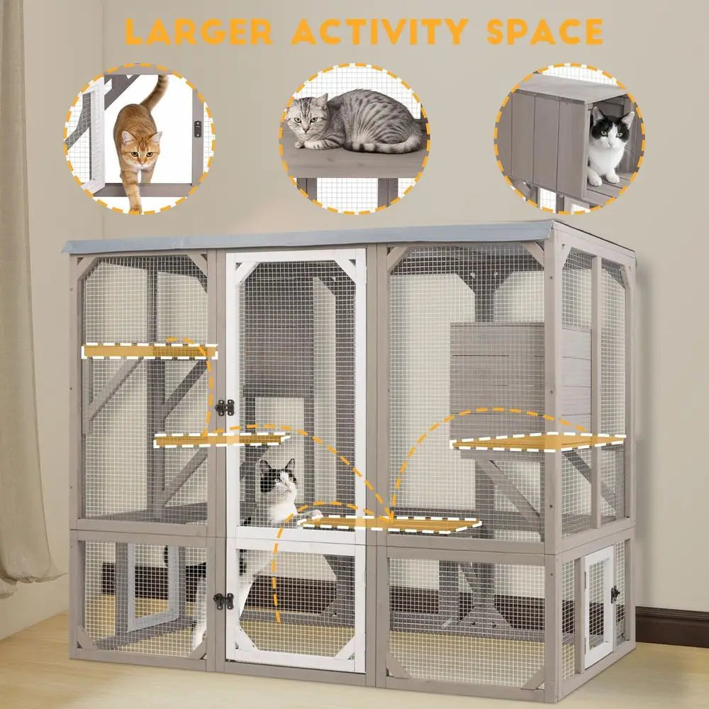 Outdoor Cat Catio Enclosure With Multiple Platforms And Resting Boxes