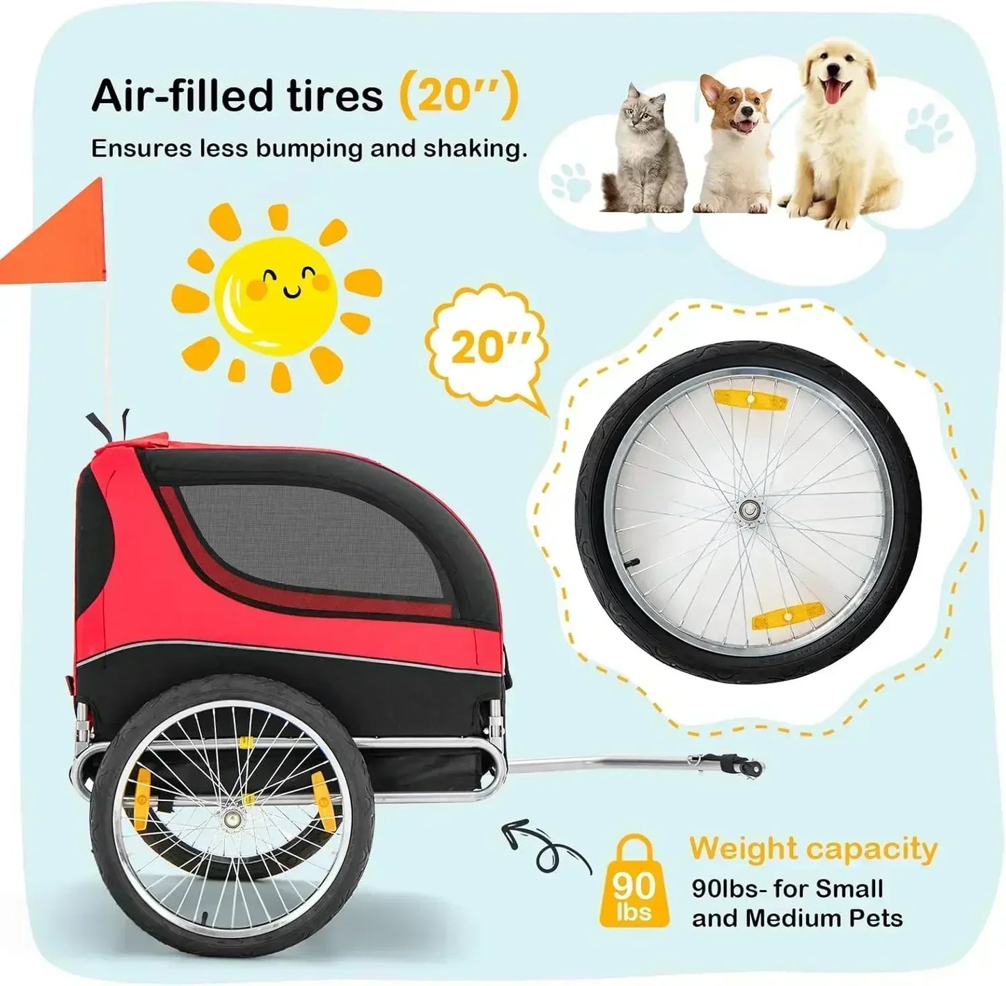 Dog Bicycle Trailer Aluminum Wheels Collapsible Carrier With 3 Doors