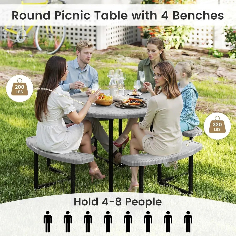Outdoor 8-Person Round Picnic Table Set With Umbrella Hole