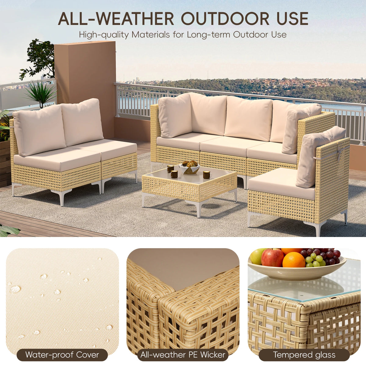 Boho Outdoor Patio Sectional Sofa Set With Cushions And Wicker