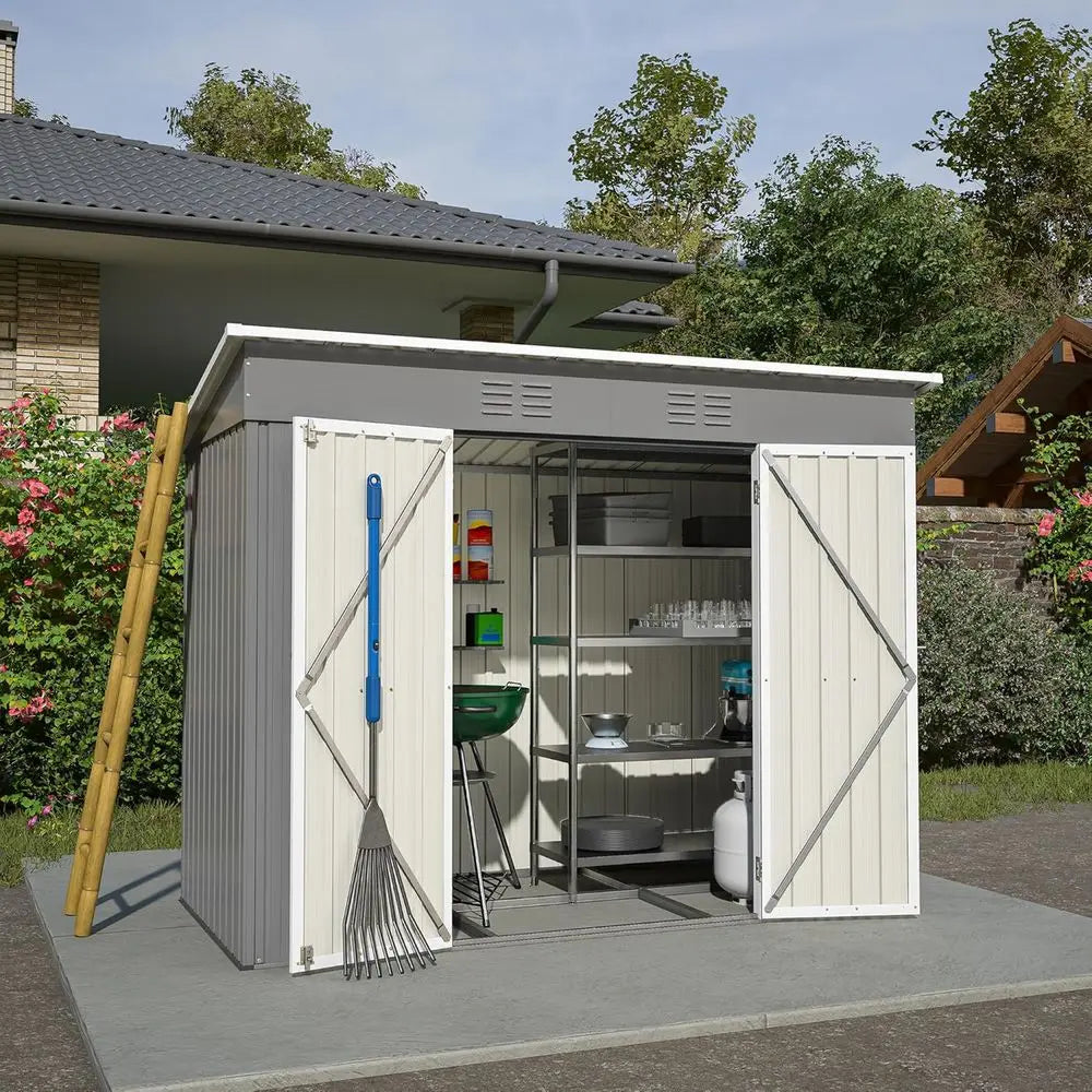 8x4ft Galvanized Steel Outdoor Storage Shed with Floor, Utility Garden Shed for Backyard, Patio, Lawn