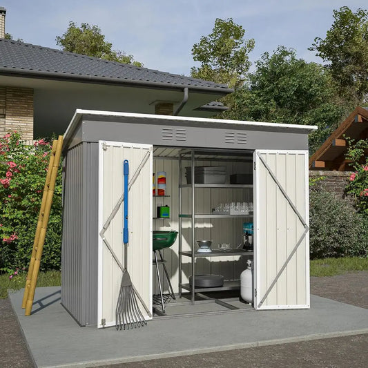8x4ft Galvanized Steel Outdoor Storage Shed with Floor, Utility Garden Shed for Backyard, Patio, Lawn