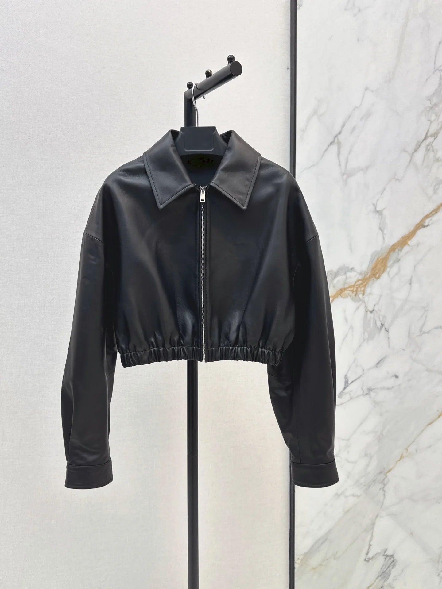 Women Leather Long Sleeve Notch Collar Zipper Jacket