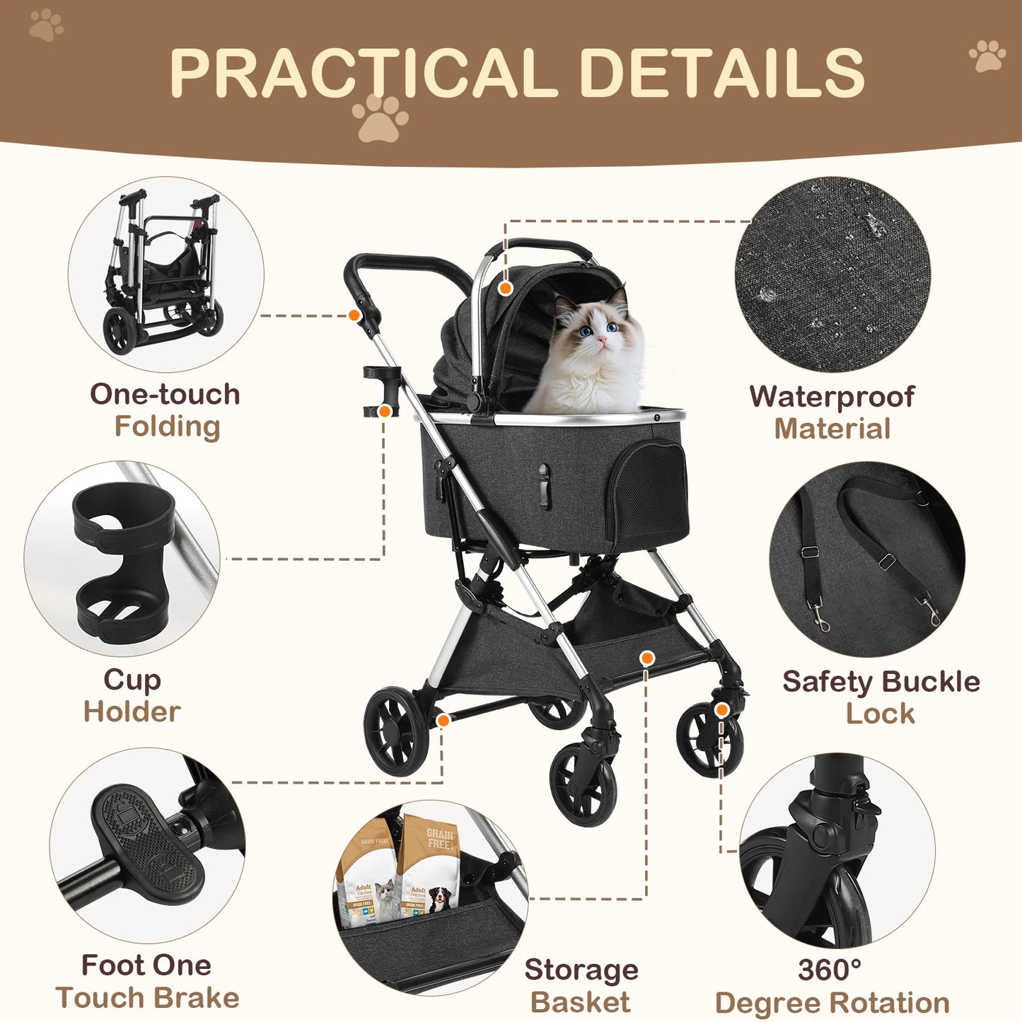 Portable Pet Stroller With Detachable Carrier For Medium Dogs