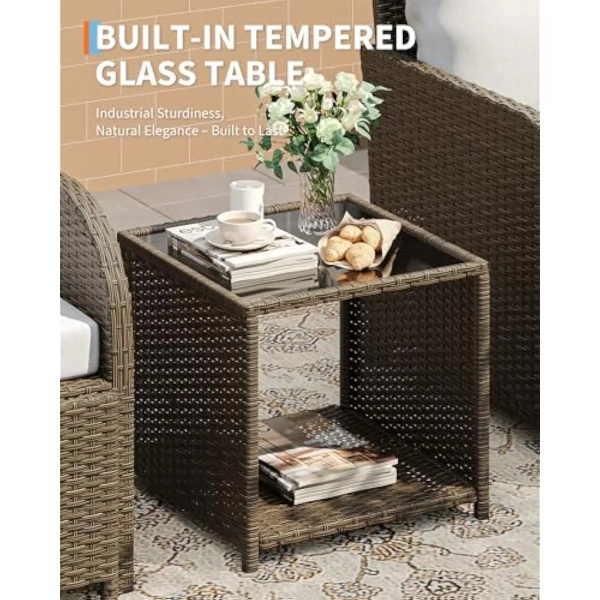 Modern Patio Seating Set With Wicker Frames And Glass Table