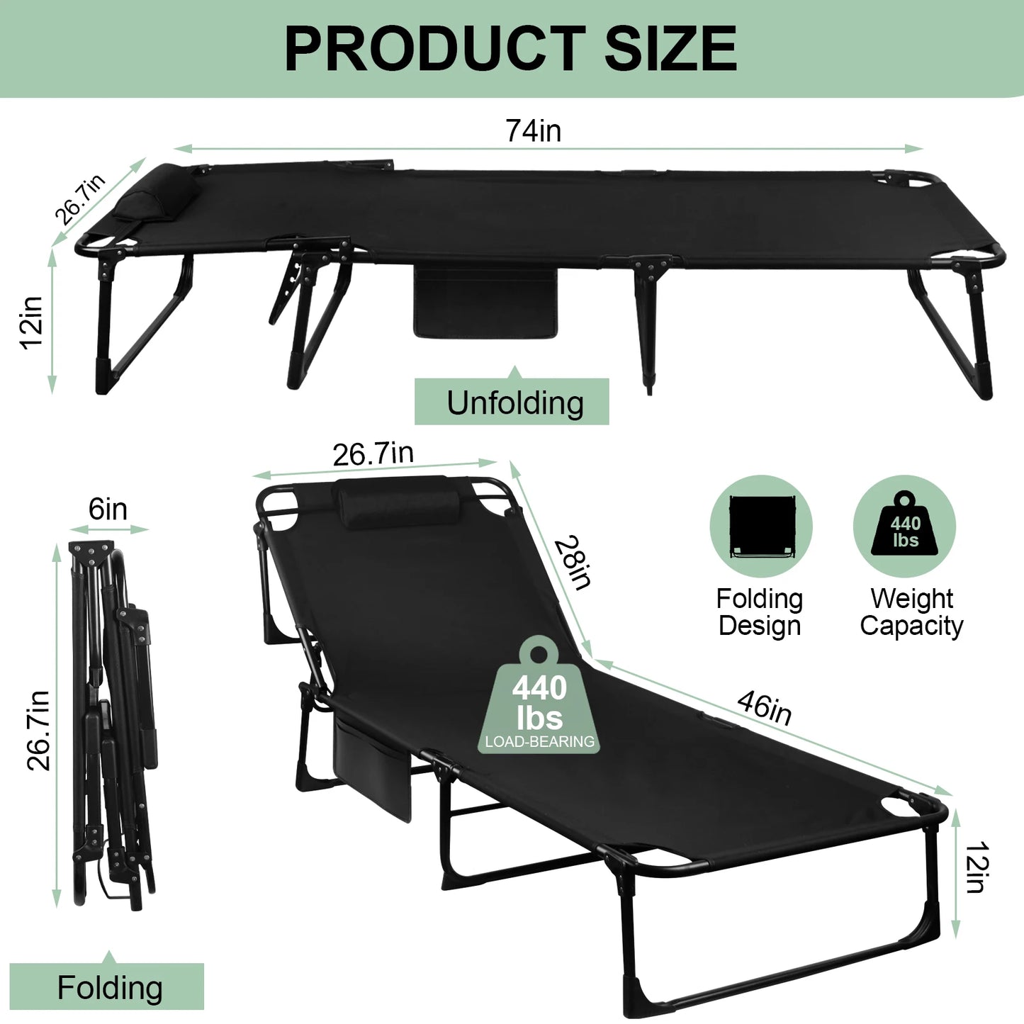 Portable Folding Camping Cot 3-Position Adjustable Reclining Lounge Chair