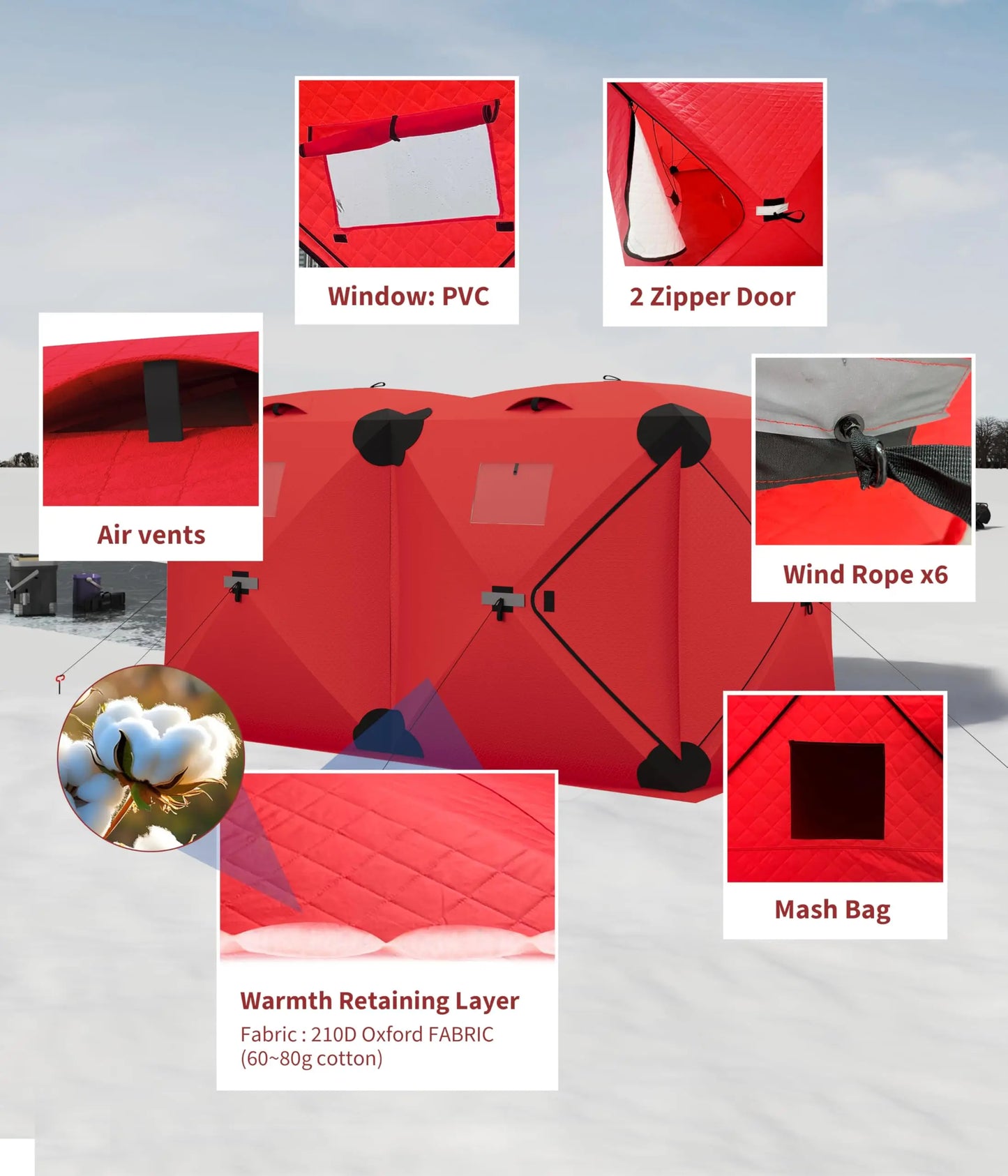 Pop Up Ice Fishing Shelter Insulated Hub Style Windproof Tent