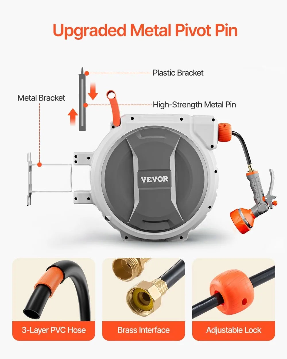 Retractable Garden Hose Reel With 180 Degree Swivel And Nozzle