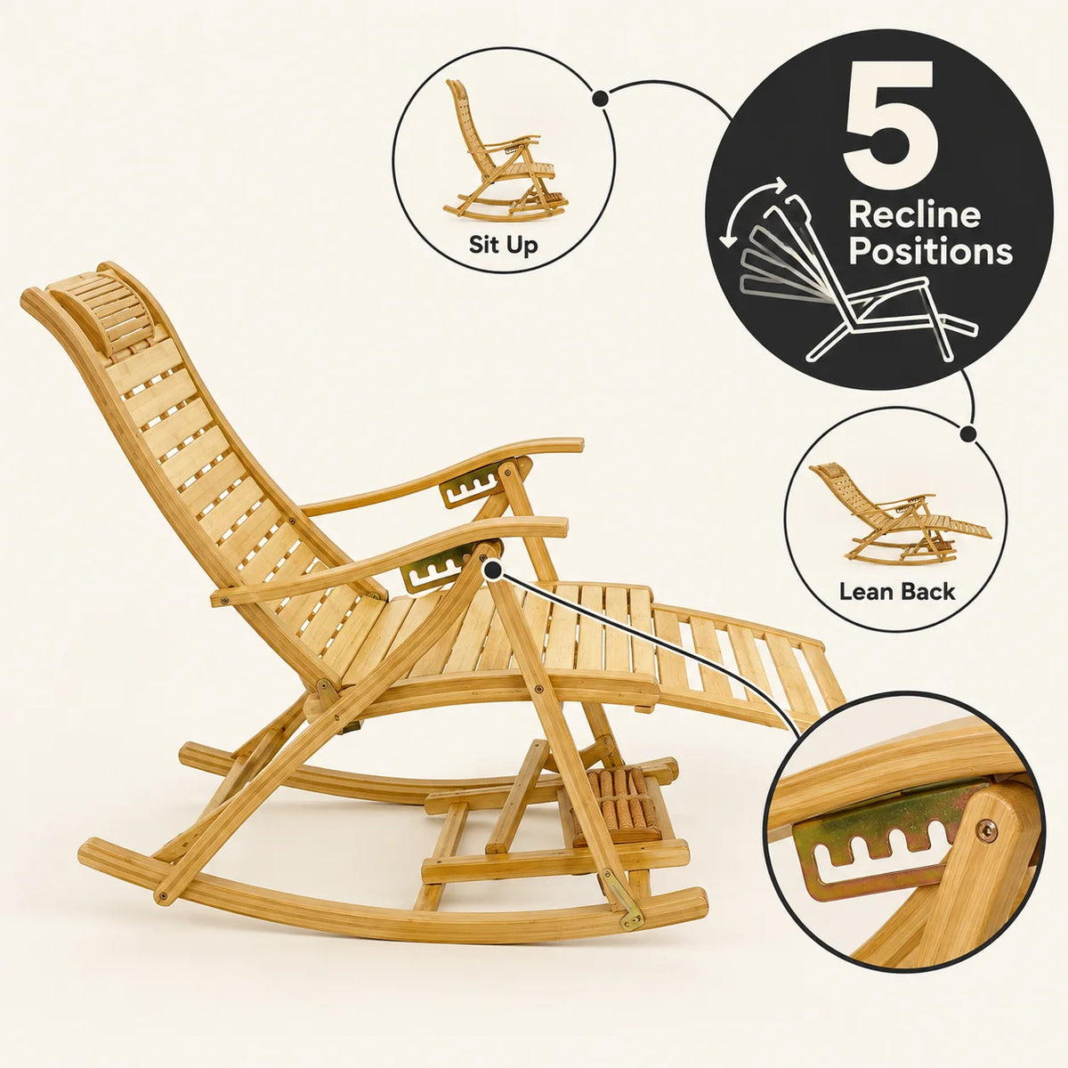 Wisfor Bamboo Rocking Recliner with Adjustable Backrest and Footrest