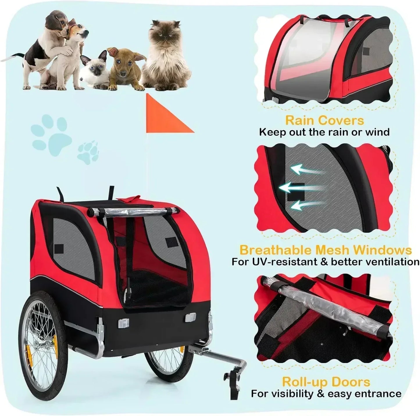 Dog Bicycle Trailer Aluminum Wheels Collapsible Carrier With 3 Doors