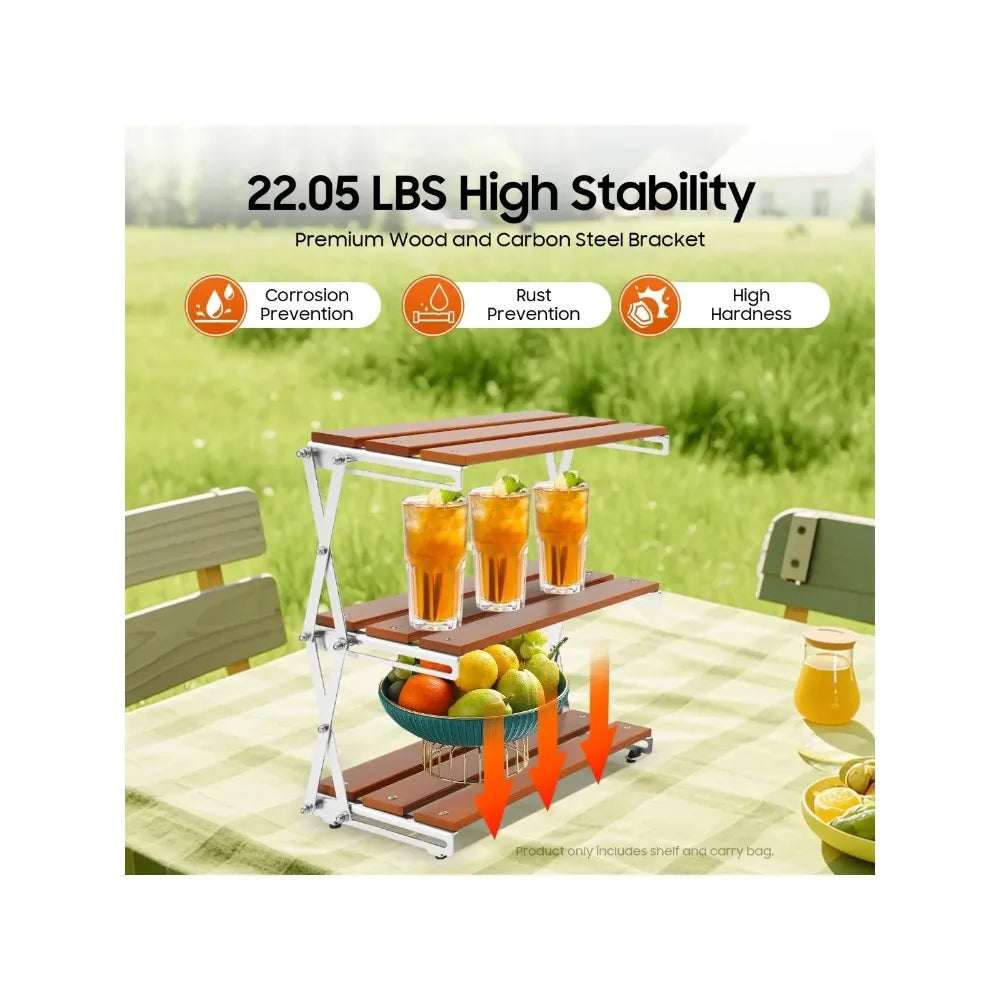 Bymaocar 3 Tier Folding Outdoor Storage Rack With Wood Shelves