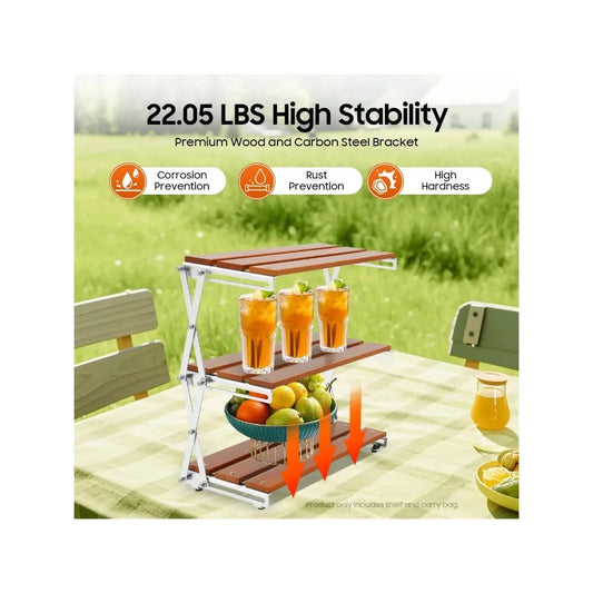 Bymaocar 3 Tier Folding Outdoor Storage Rack With Wood Shelves