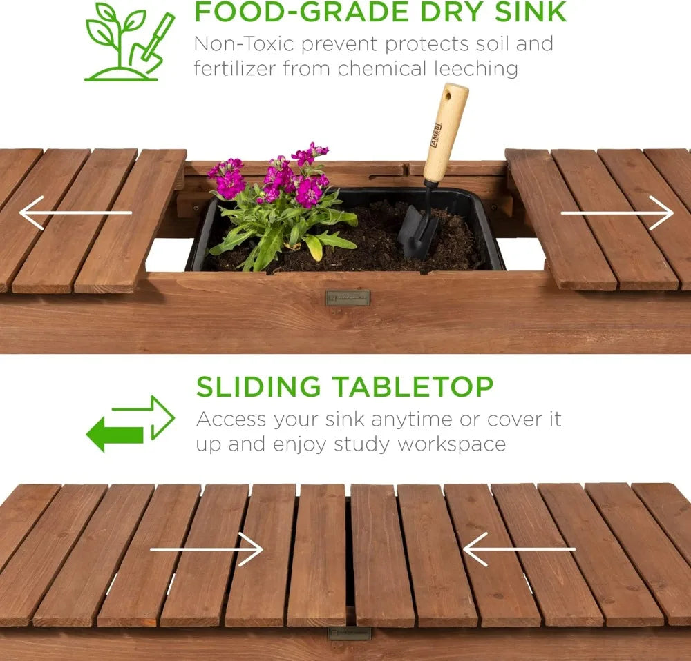 Mobile Garden Potting Bench With Sliding Tabletop And Storage Shelves