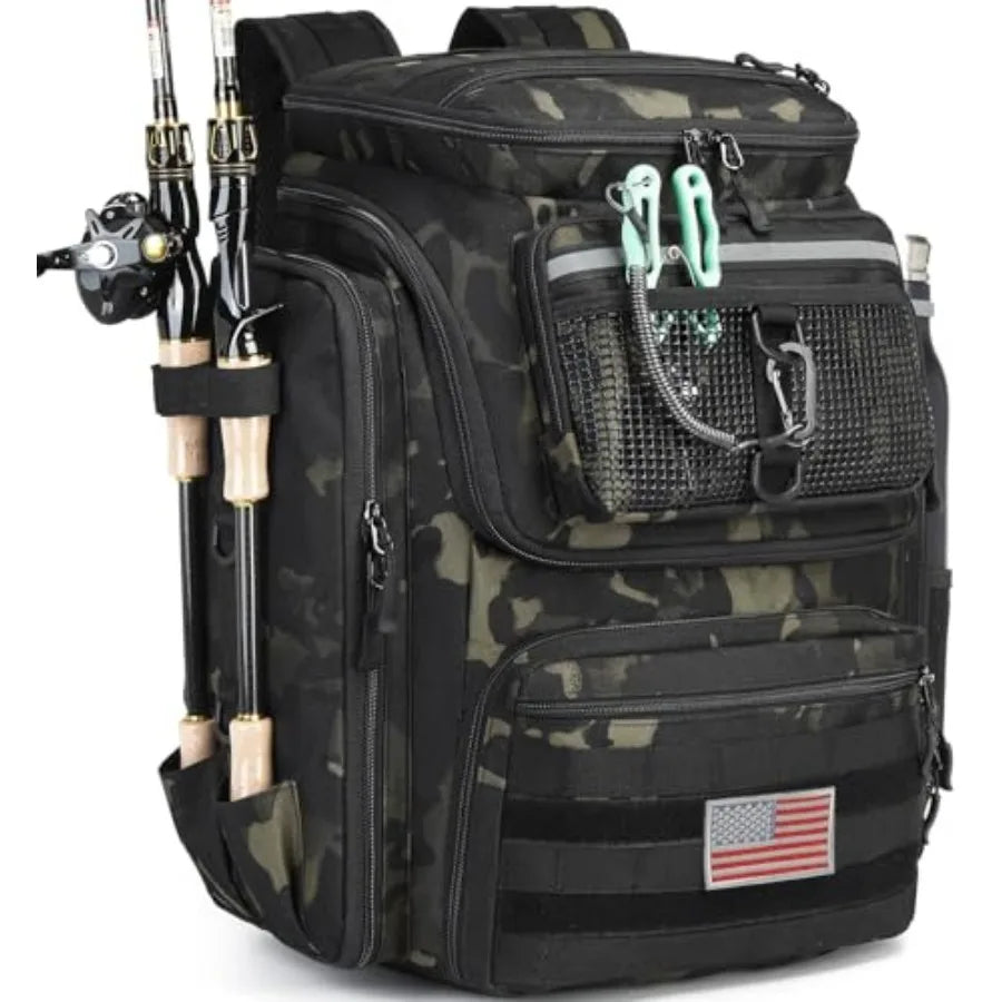 Water Resistant Fishing Backpack With Rod Holders And Tackle Storage