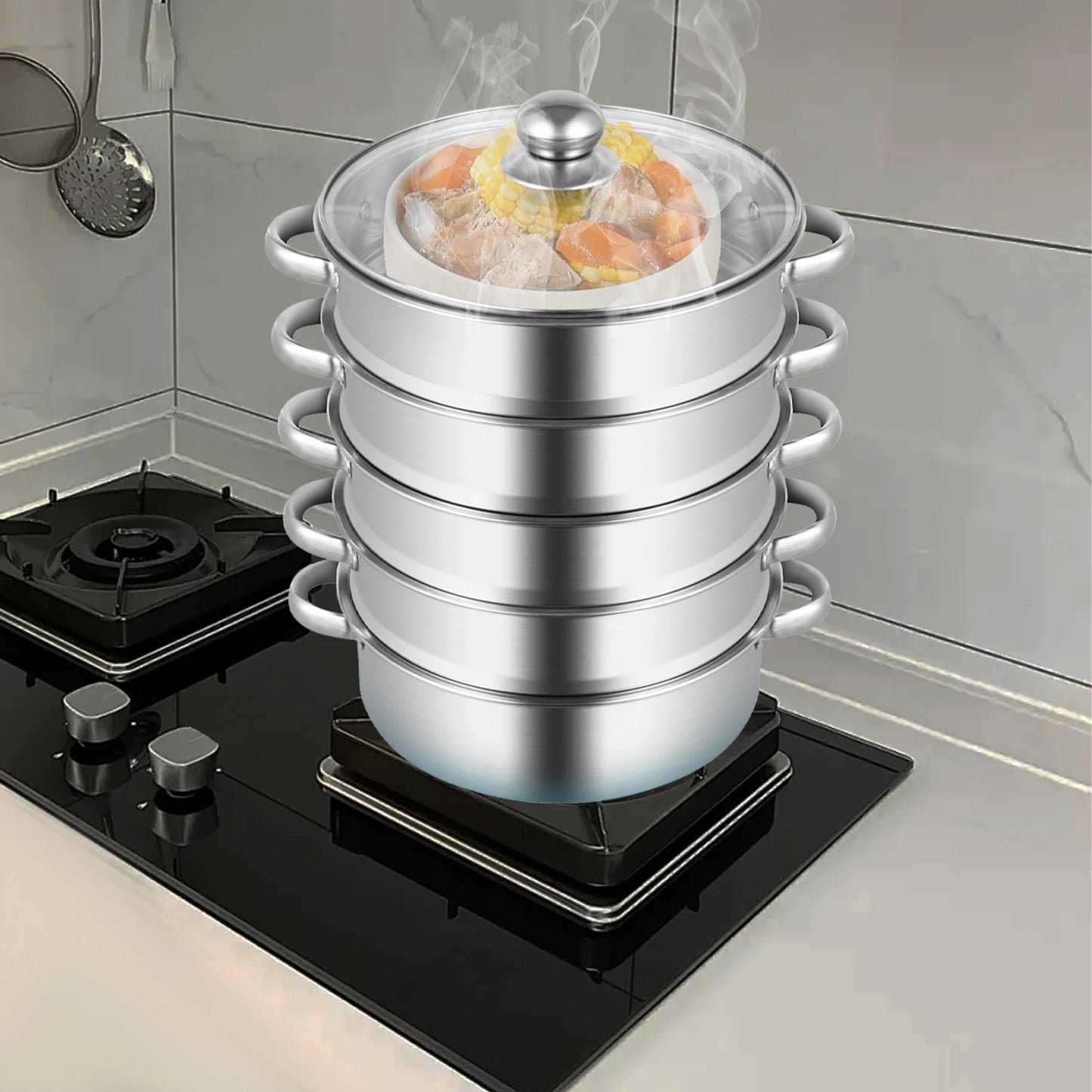 Stainless Steel Steamer Pot 5-Tier With Lid And Handles
