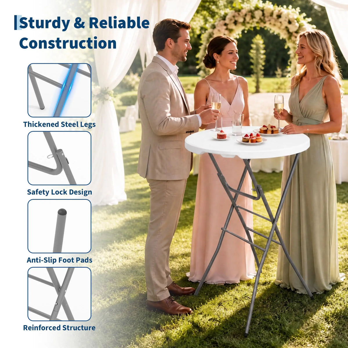 GarveeLife Folding Cocktail Table With Waterproof Top And Steel Frame