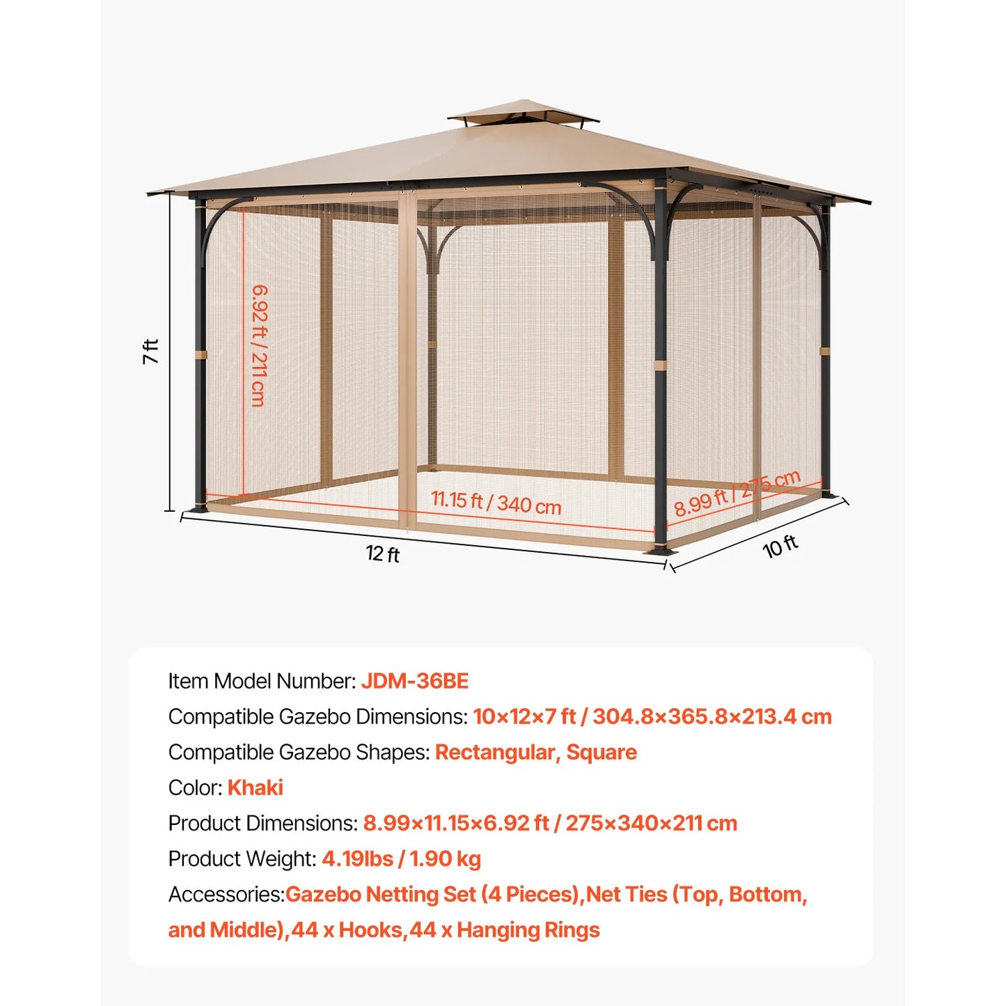 Gazebo Netting Replacement Four Panel Sidewall Mesh Canopy Polyester
