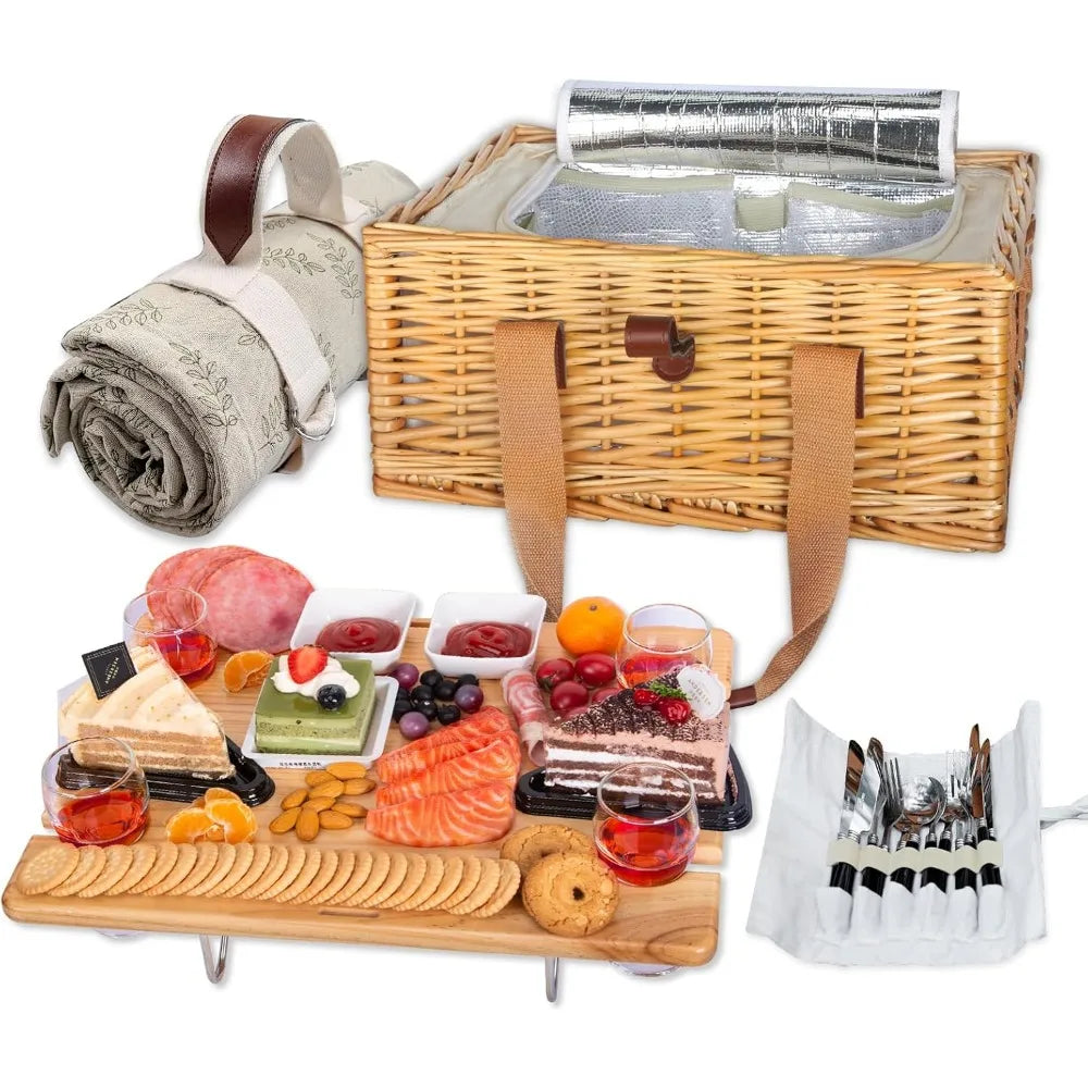 NBVCX Wicker Picnic Basket Set For Four With Folding Wine Table Insulated Cooler