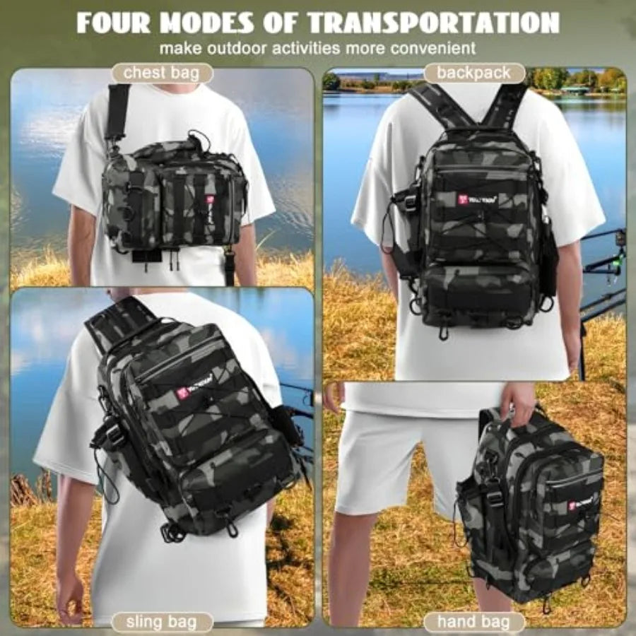 Fishing Tackle Backpack With Rod Holder And Storage Compartments