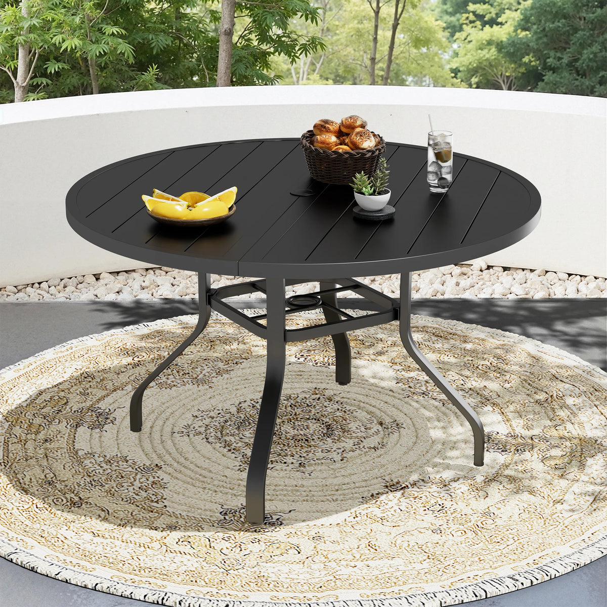 FARINI Outdoor Round Metal Patio Dining Table With Umbrella Hole
