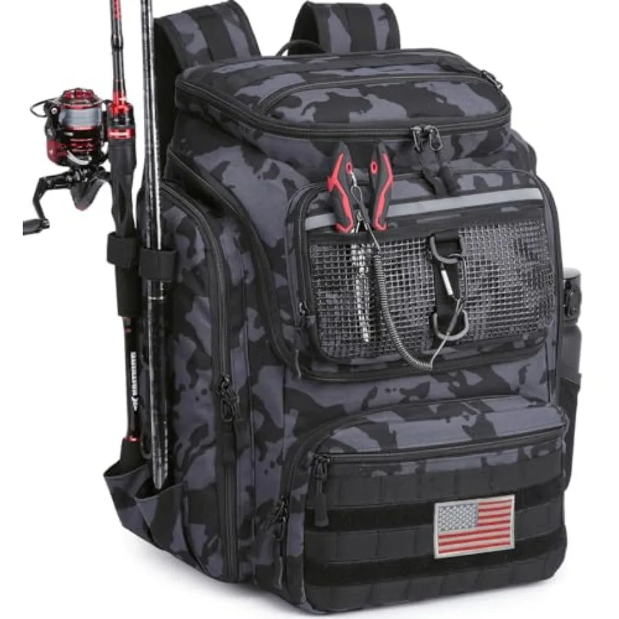 Water Resistant Fishing Backpack With Rod Holders And Tackle Storage