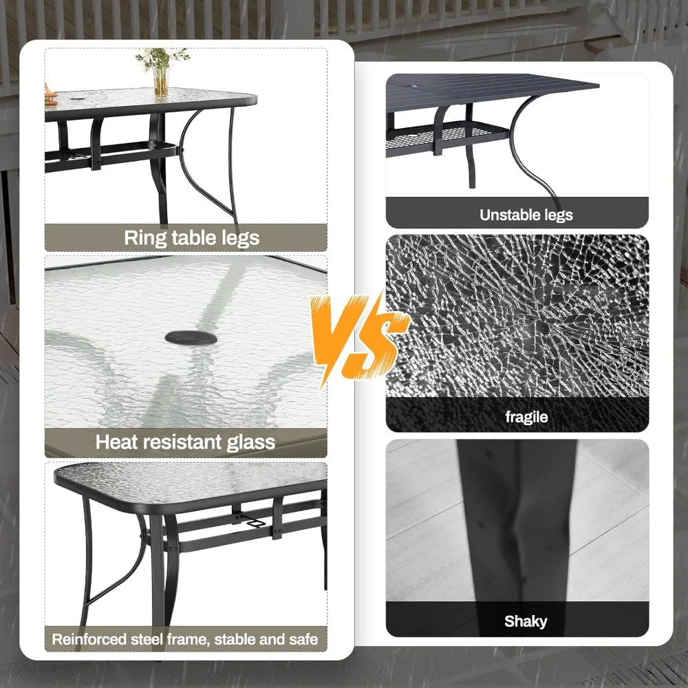 Patio Outdoor Table W/ 1.69″ Umbrella Hole, 30"X 55" Rectangular Tempered Glass Patio Dining Table for 6, Outdoor Metal Furnitu