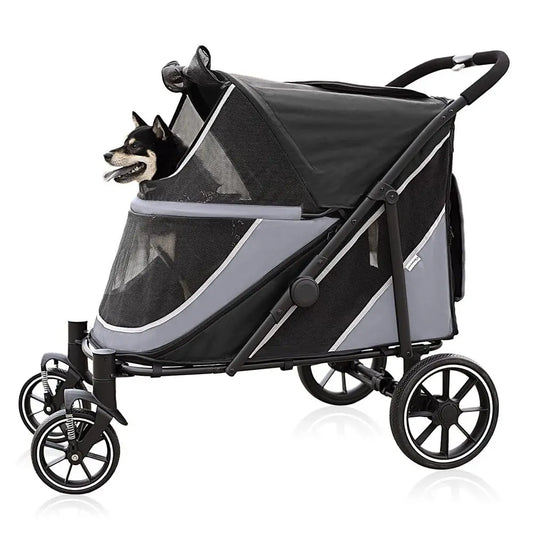 Spacious Folding Dog Stroller With Shock Absorption And Storage