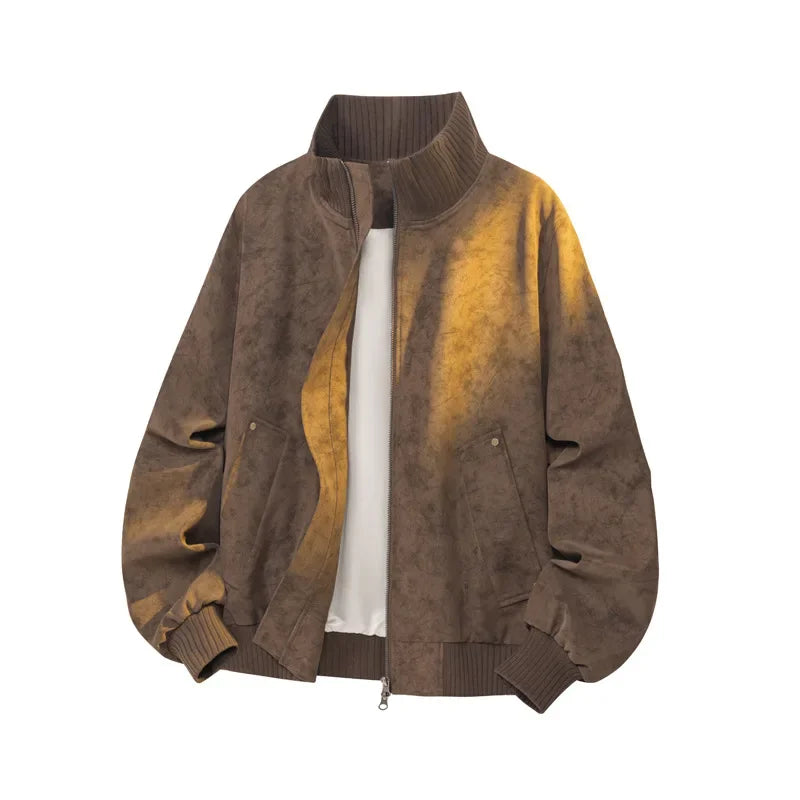 Mens Tie Dye Leather Jacket Casual Zip Up Outerwear
