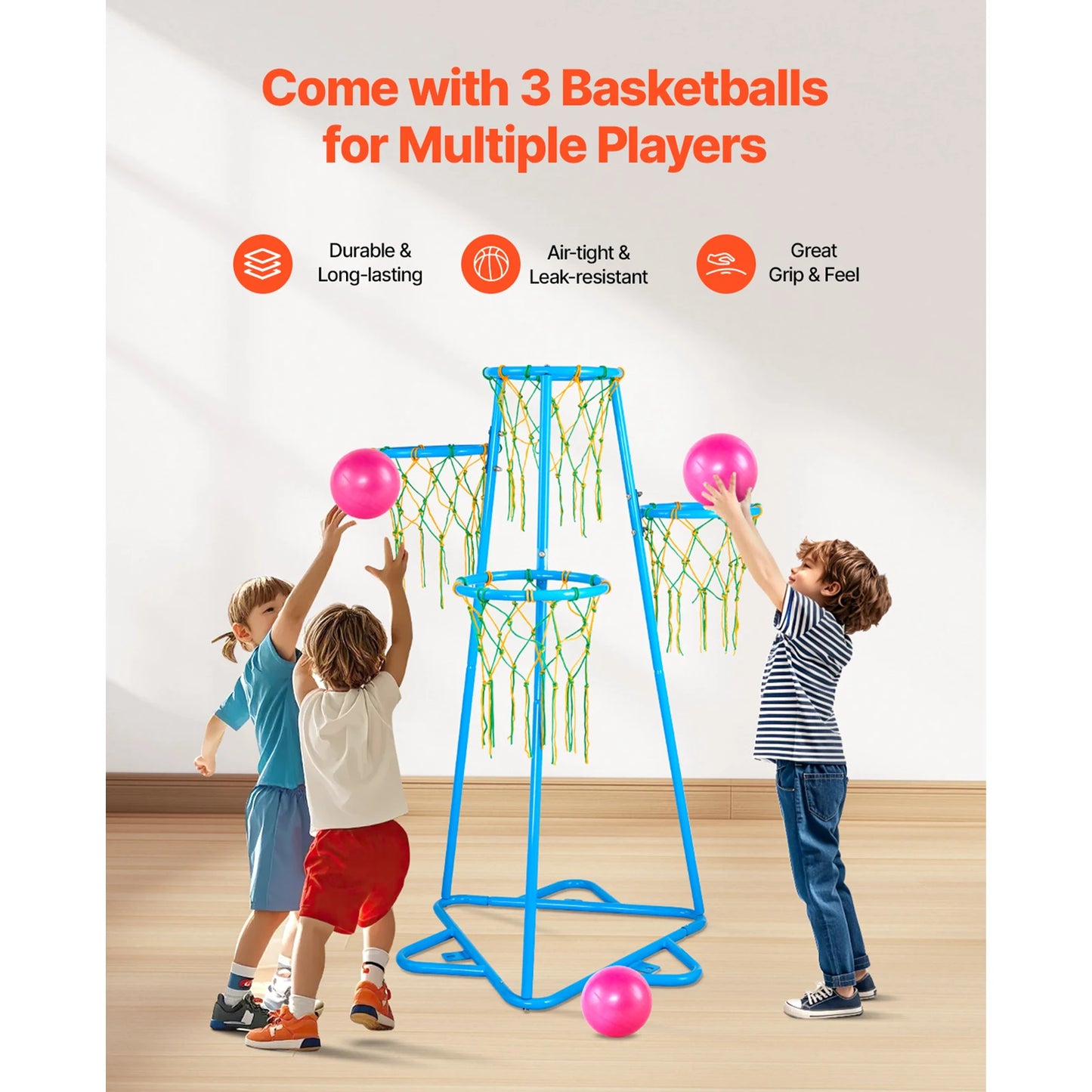SucceBuy 4-Hoop Kids Basketball Hoop Stand With Adjustable Heights And 3 Balls