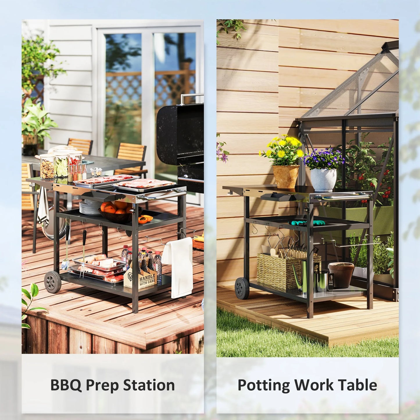 Stainless Steel Outdoor Bar Cart Grill Table With Wheels Storage