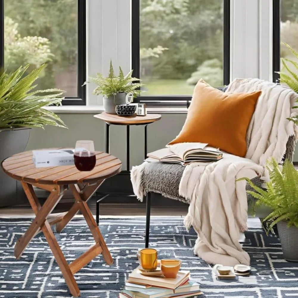 XIUWO Outdoor Round Wood Patio Side Table Folding End Table