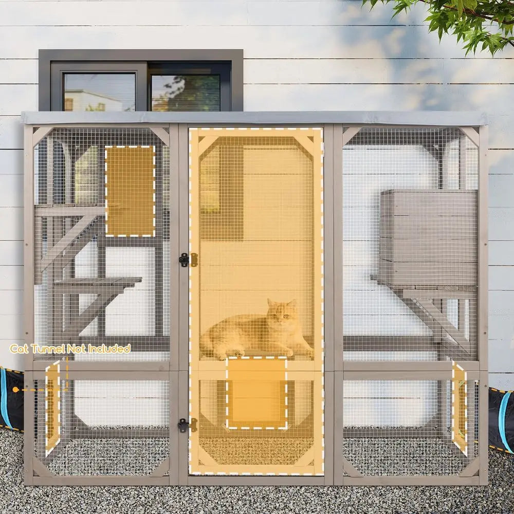 Outdoor Cat Catio Enclosure With Multiple Platforms And Resting Boxes