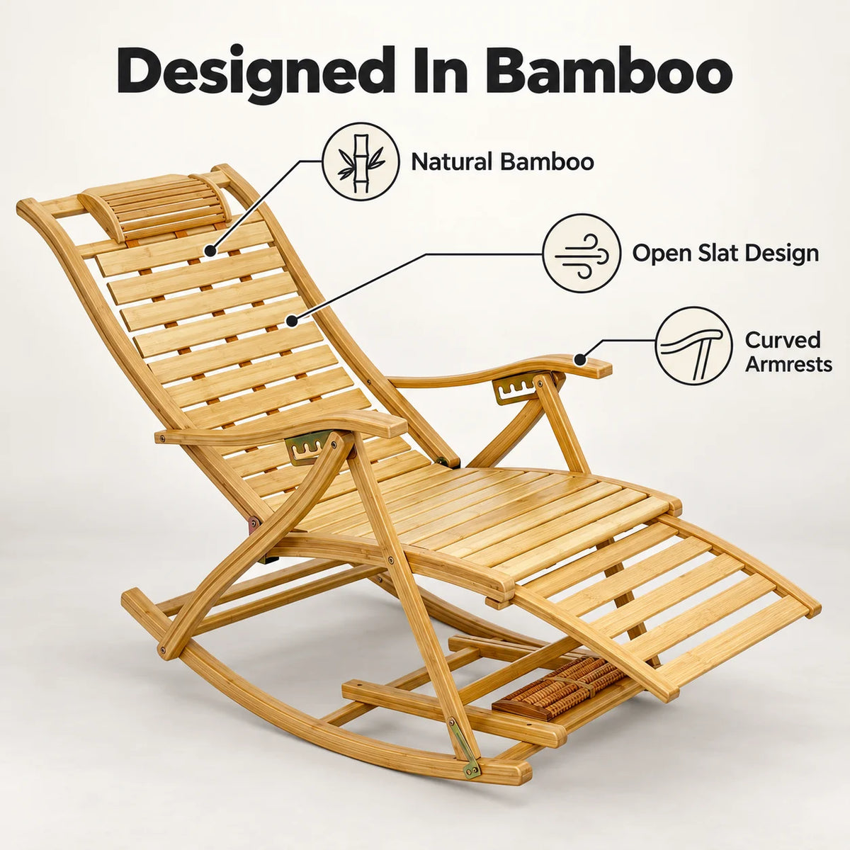 Wisfor Bamboo Rocking Recliner with Adjustable Backrest and Footrest