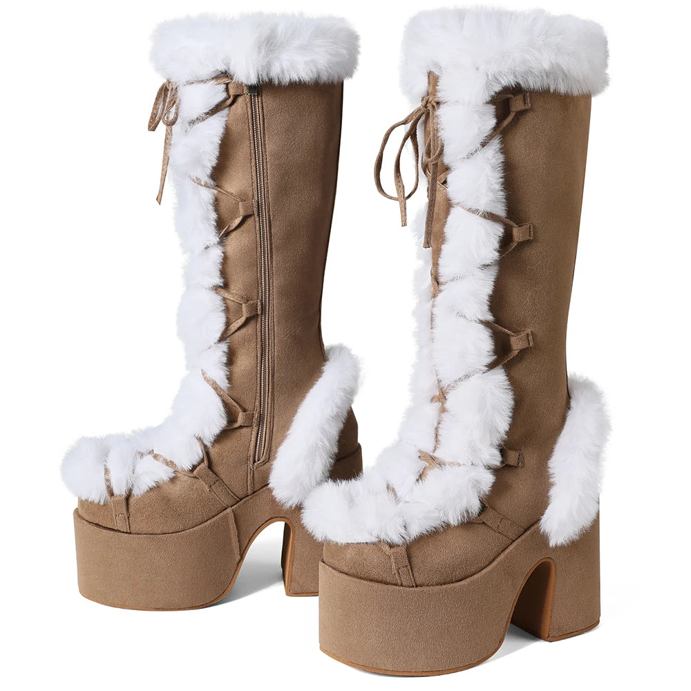 Women's Faux Fur Trim Platform Knee High Chunky Heel Boots