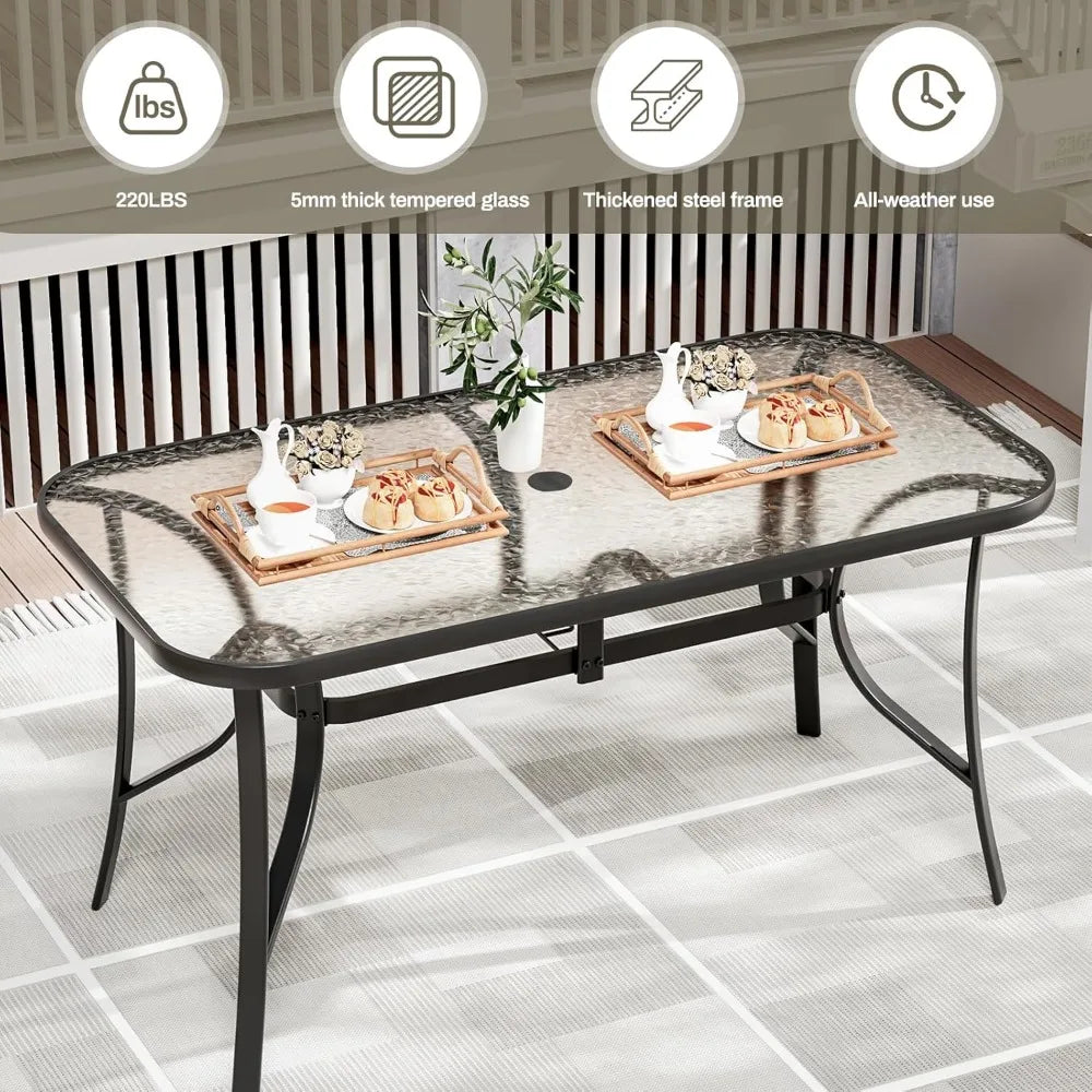 Patio Outdoor Table W/ 1.69″ Umbrella Hole, 30"X 55" Rectangular Tempered Glass Patio Dining Table for 6, Outdoor Metal Furnitu