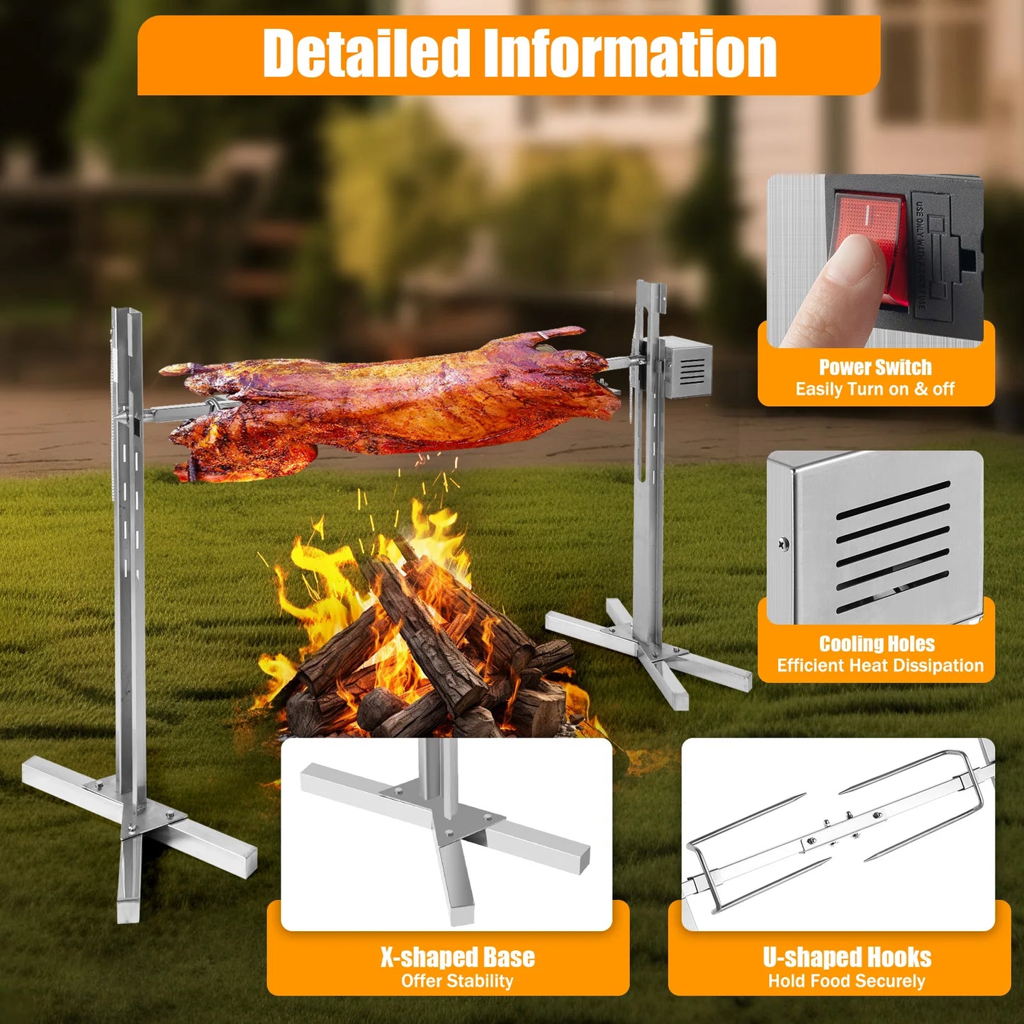 Automatic Stainless BBQ Rotisserie Grill Kit With Height Adjustable Stand