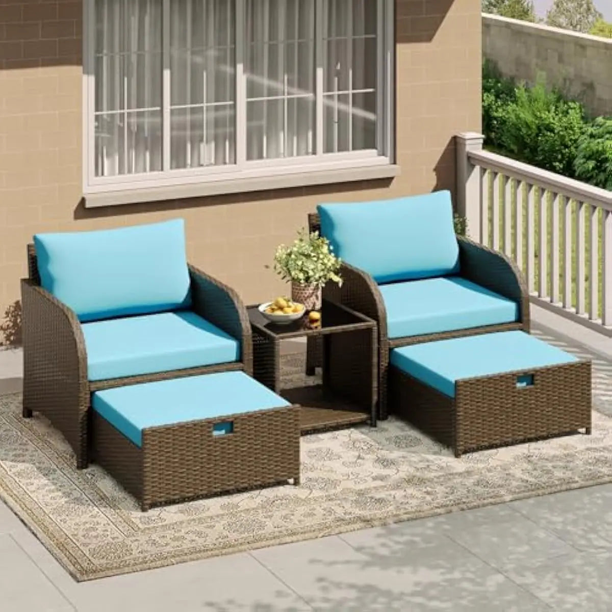 Modern Patio Seating Set With Wicker Frames And Glass Table
