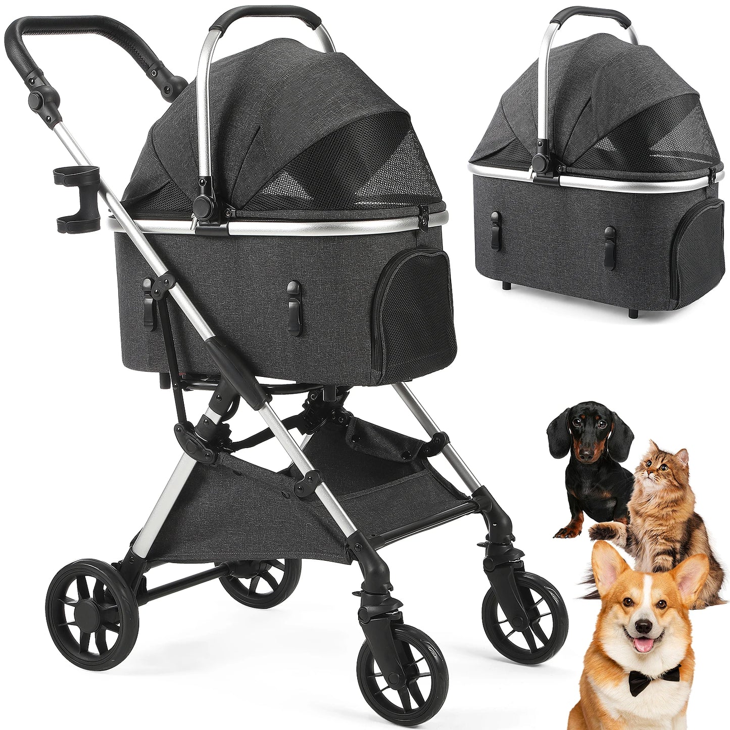 Portable Pet Stroller With Detachable Carrier For Medium Dogs