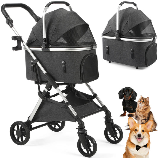 Portable Pet Stroller With Detachable Carrier For Medium Dogs