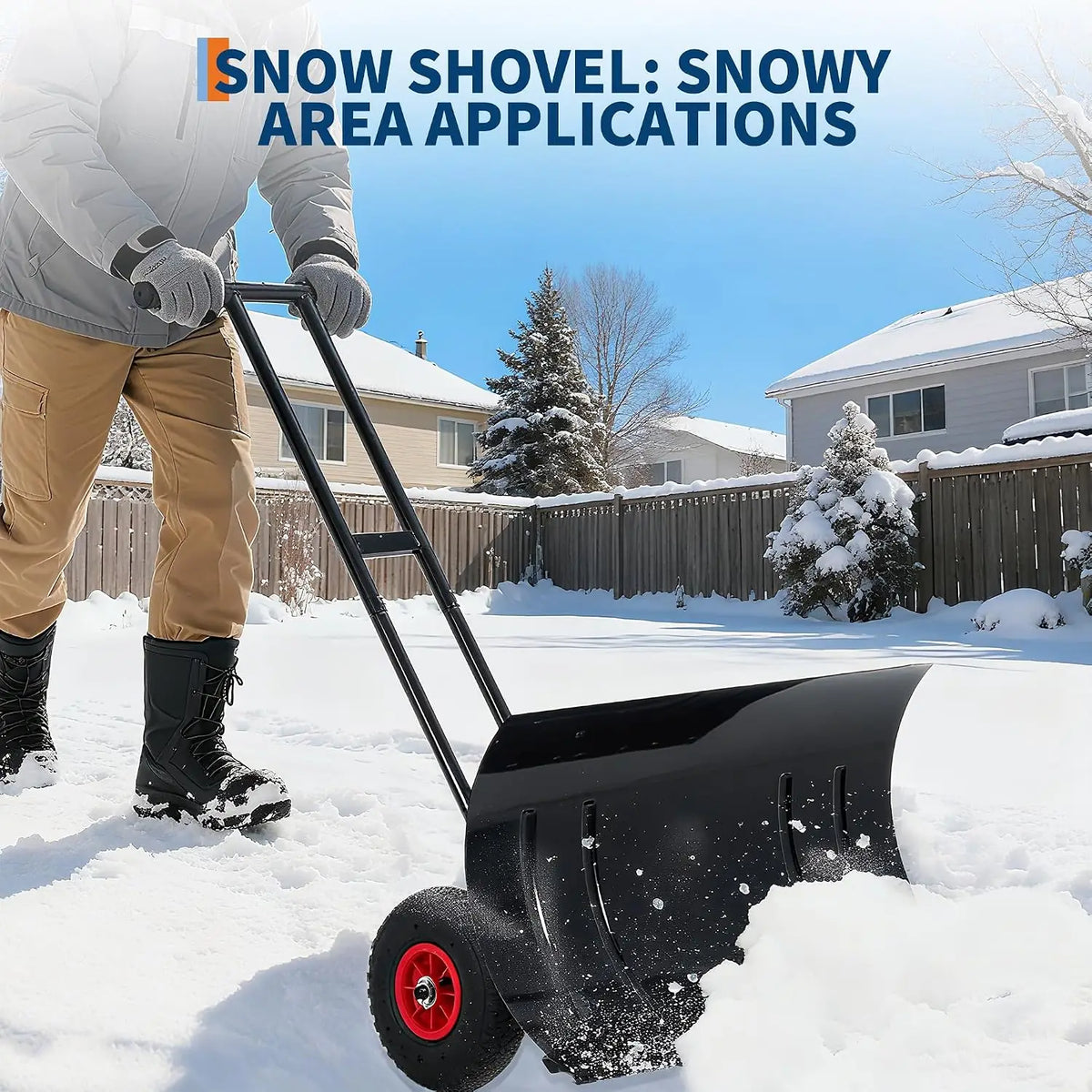 HiMISS Heavy Duty Wheeled Snow Pusher With Adjustable Handle