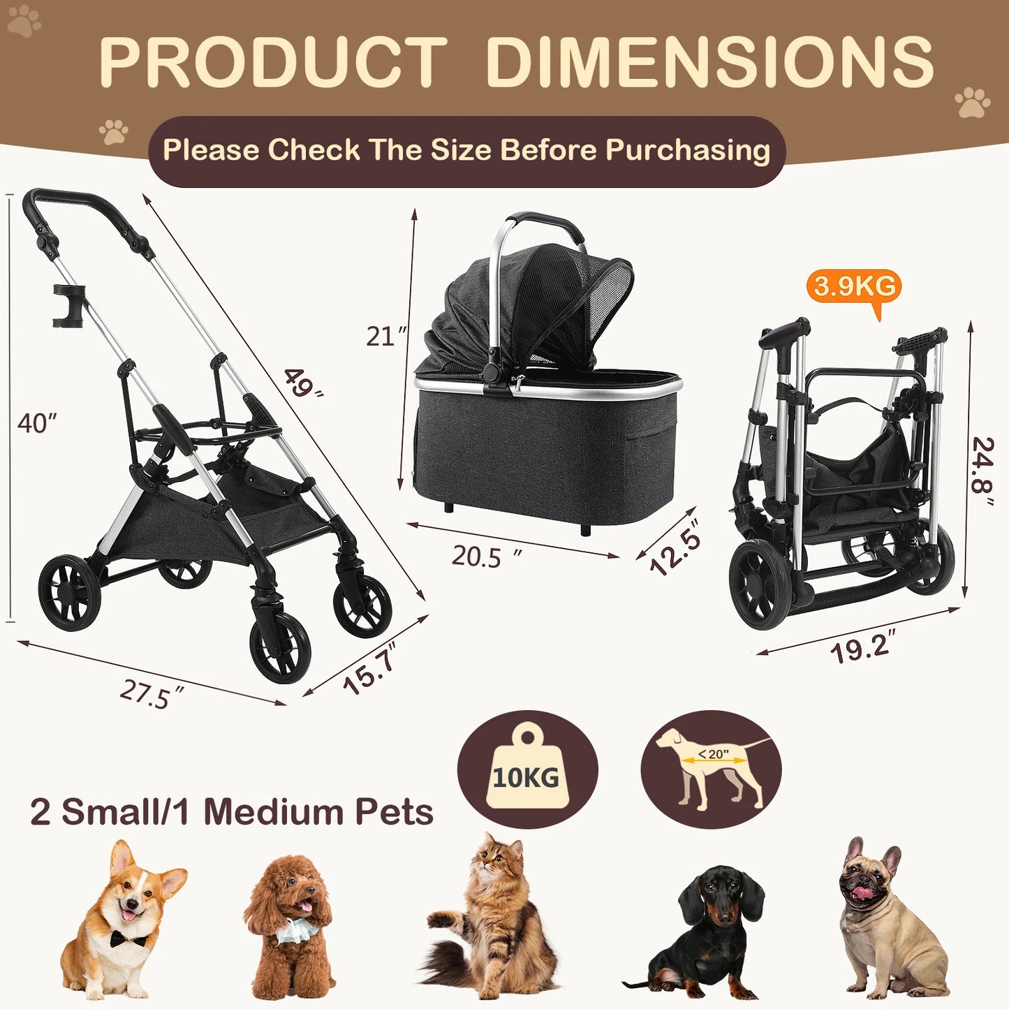 Portable Pet Stroller With Detachable Carrier For Medium Dogs